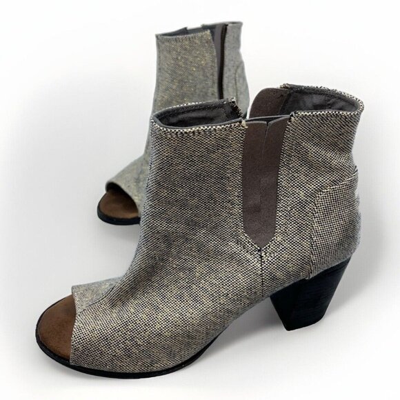 Toms Tweed Fabric Open Toe Booties Size 11 Gold Accent Thread Dark Brown Chunk H - Picture 3 of 16